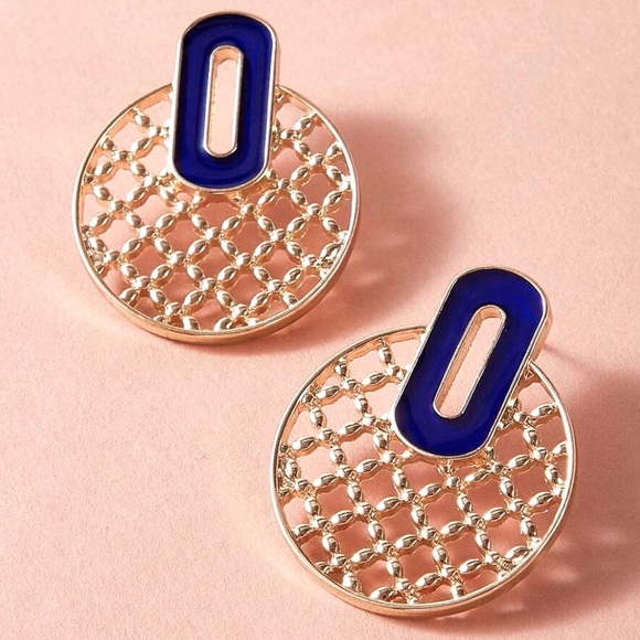 2/$20!  Gold Lattice Stud Earrings w/Blue Enamel - Picture 2 of 8